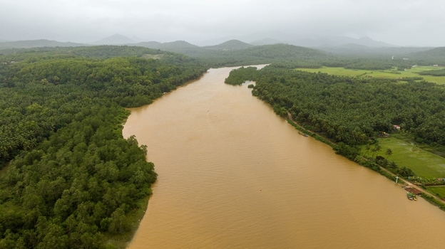 Aerial view of the Sharavathi River winding through lush green forests and palm trees under an overcast sky in Honnavar Karnataka India.