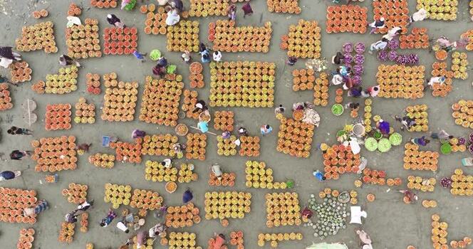 Aerial view of a vibrant fruit market with vendors Bangladesh.