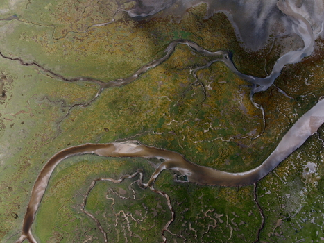 Aerial view of abstract tidal patterns at Culbin Sands with winding channels green salt marshes and intricate sandy textures in Nairn Scotland United Kingdom. Aerial view of abstract tidal patterns at Culbin Sands with winding channels green salt marshes and intricate sandy textures in Nairn Scotland United Kingdom.
