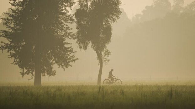 View of a person cycling through a misty rural field Bangladesh.