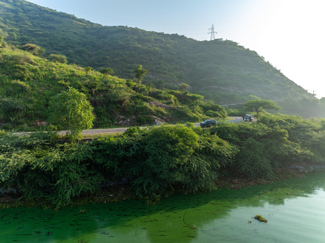 Aerial view of a road winding along a green lake at the base of a lush green hill in Udaipur Rajasthan India. Aerial view of a road winding along a green lake at the base of a lush green hill in Udaipur Rajasthan India.