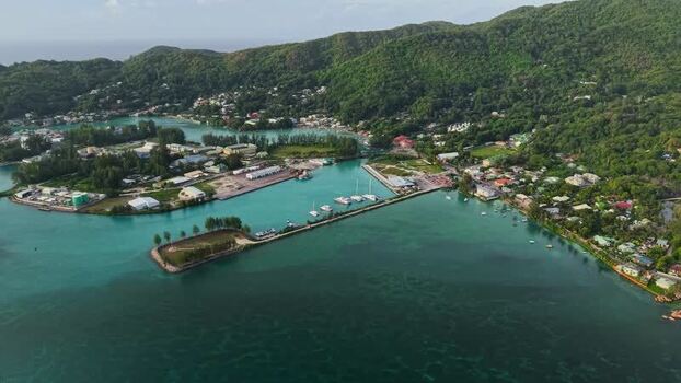 Aerial view of Praslin Ferry Harbour and turquoise waters Seychelles.