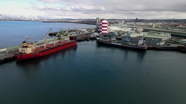 Aerial view of cargo ships docked at the port in Hafnarfjordur Iceland.