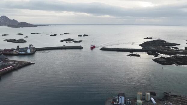 Aerial view of harbor entrance Ballstad Norway.