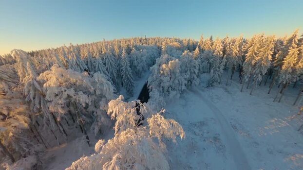 FPV aerial view of snow covered forest in Germany.