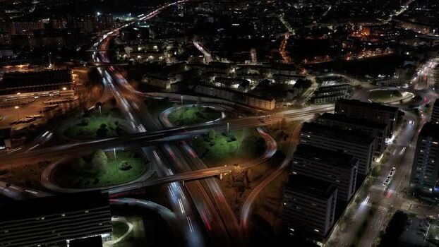 Aerial view of a highway interchange at night Portugal.