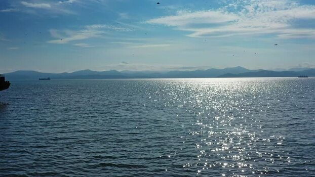 Aerial view of Avacha Bay with shimmering water Russia.