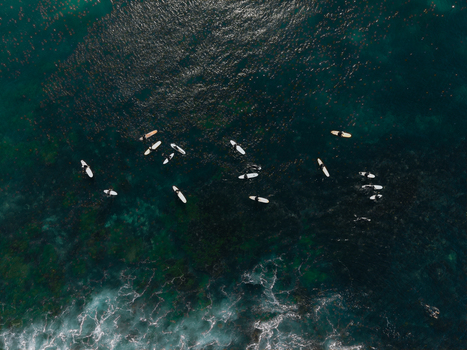 Aerial view of surfers waiting for waves on their surfboards in the deep blue ocean at Dee Why New South Wales Australia. Aerial view of surfers waiting for waves on their surfboards in the deep blue ocean at Dee Why New South Wales Australia.