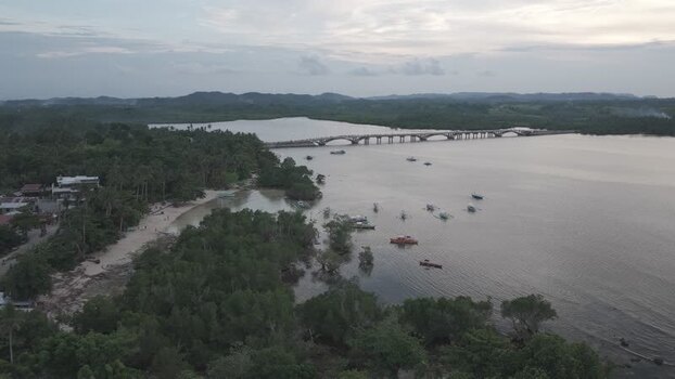 Aerial view of Catangnan Bridge on Siargao Island Philippines.
