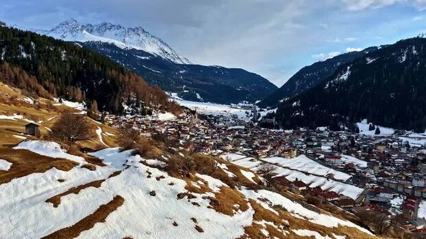 Aerial view of Nauders village in the snowy mountains Austria.