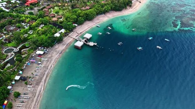 Aerial view of a tropical beach in Bali Indonesia.