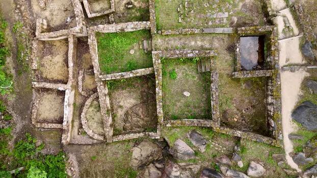 Aerial view of Castro de Armea archaeological site Spain.