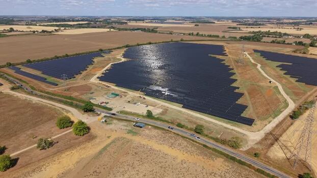 Aerial view of Eaton Socon solar farm United Kingdom.