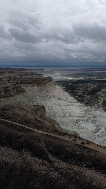Aerial view of Bozjyra limestone cliffs and canyons Kazakhstan.