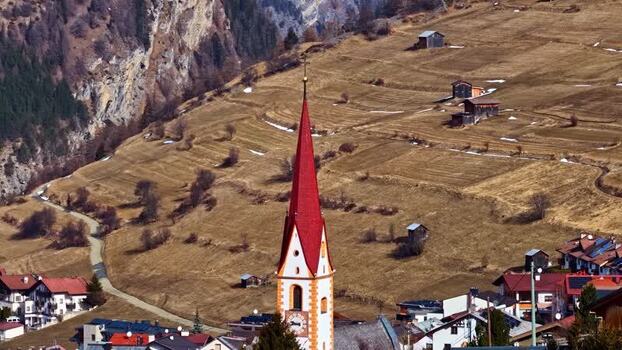 Aerial view of Nauders church tower in Tyrol Austria.