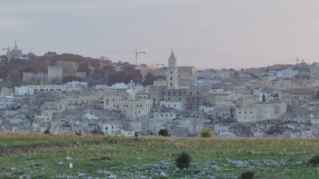 Aerial view of Matera historic stone city Italy.