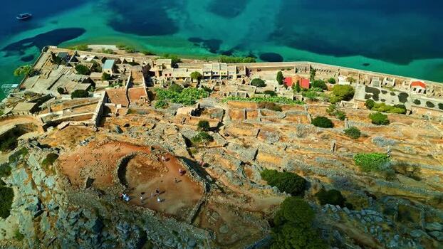 Aerial view of Spinalonga fortress in Crete Greece.