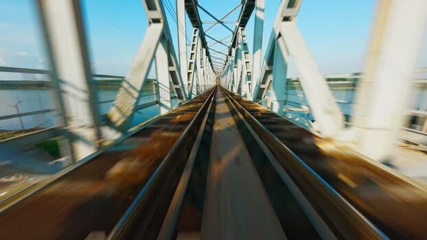 Aerial FPV view of a railway bridge over a river Serbia. Aerial FPV view of a railway bridge over a river Serbia.