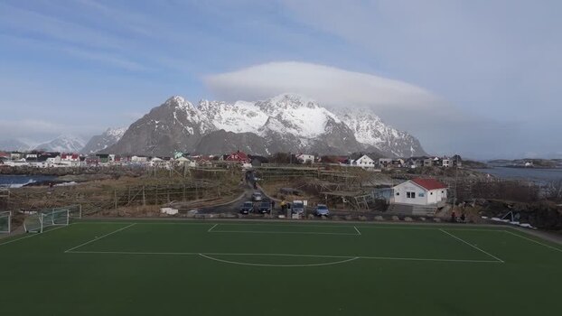 Aerial view of soccer field in Lofoten Norway.
