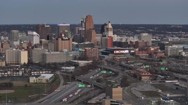 Aerial view of Cincinnati skyline and arena United States. Aerial view of Cincinnati skyline and arena United States.