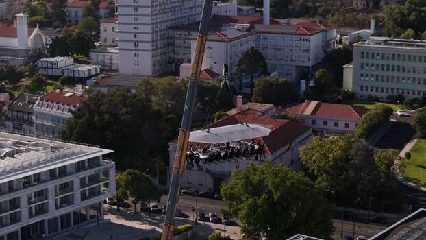 Aerial view of Dinner in the Sky suspended in Lisbon Portugal. Aerial view of Dinner in the Sky suspended in Lisbon Portugal.