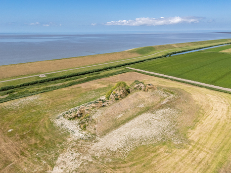 Aerial view of the historic terp Dijk van een wijf surrounded by agricultural fields and the Wadden Sea dike in Oosterbierum Friesland Netherlands. Aerial view of the historic terp Dijk van een wijf surrounded by agricultural fields and the Wadden Sea dike in Oosterbierum Friesland Netherlands.