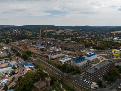 Aerial view of Ajka alumina factory with towers rail tracks in Hungary Aerial view of Ajka alumina factory with towers rail tracks in Hungary