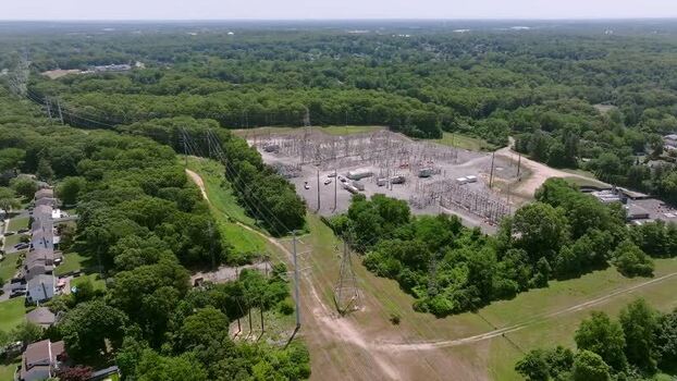 Aerial view of electrical substation in Long Island USA.