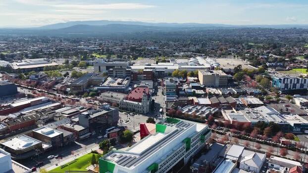 Aerial view of Dandenong city center and the town hall Australia.