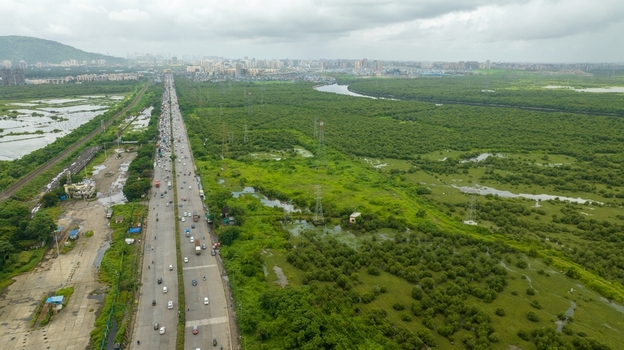Aerial view of Vashi Bridge spanning across the creek with heavy traffic surrounded by lush green mangrove forests and wetlands under a cloudy sky in Navi Mumbai Maharashtra India.