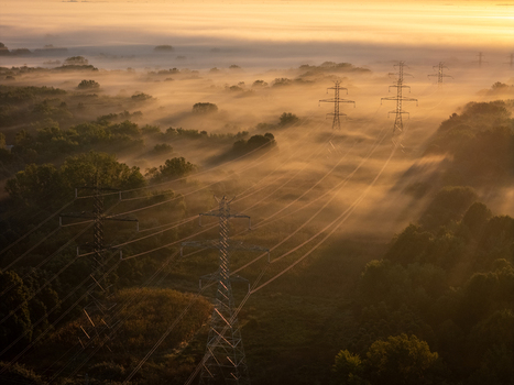 Aerial view of transmission lines and towers emerging from thick morning fog at sunrise over the wooded landscape in Bridgman Michigan United States.