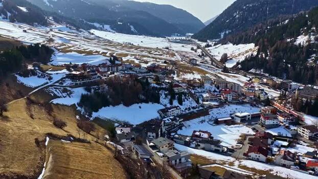 Aerial view of Nauders village in the snowy Alps Austria.