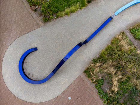 Aerial view of the blue sculptural element at Stadhuispromenade in Almere Flevoland Netherlands.