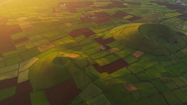 Aerial view of volcanic cones on Terceira Island Portugal.