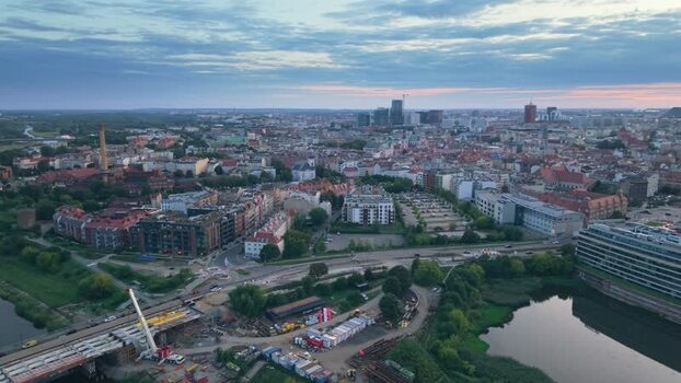 Aerial view of Poznan cityscape at sunset Poland.