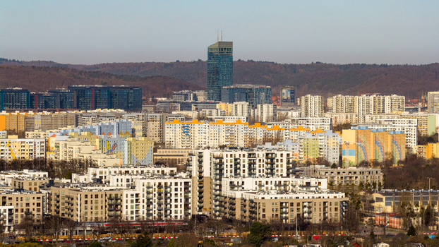 Gdansk Poland 28 March 2026 Aerial view of the Oliwa district featuring modern apartment blocks and the Olivia Star skyscraper against a backdrop of hills. Gdansk Poland 28 March 2026 Aerial view of the Oliwa district featuring modern apartment blocks and the Olivia Star skyscraper against a backdrop of hills.
