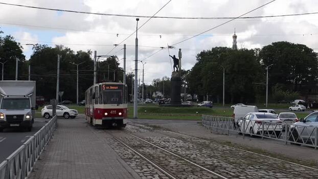 View of a tram moving through Kaliningrad Russia.