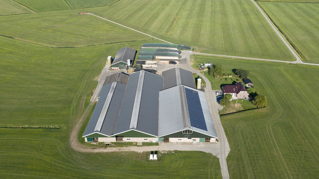 Aerial view of a large farm complex with modern agricultural buildings solar panels and surrounding green pastures in Groningen Groningen Netherlands. Aerial view of a large farm complex with modern agricultural buildings solar panels and surrounding green pastures in Groningen Groningen Netherlands.