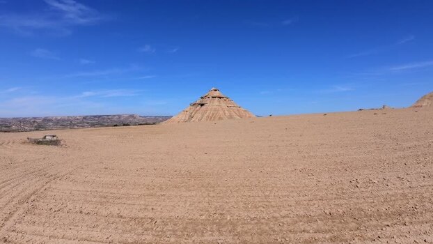 Aerial view of Bardenas Reales desert landscape in Navarre Spain.