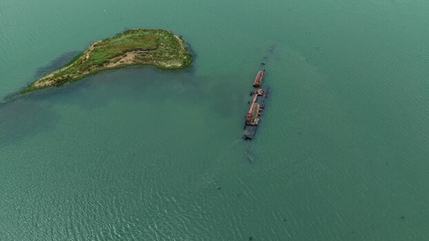 Aerial view of German U boat shipwreck River Medway United Kingdom.