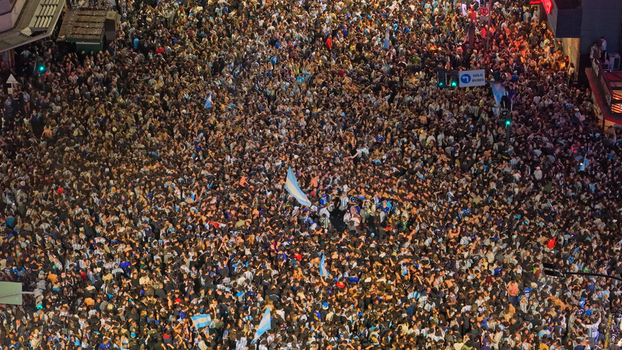 Buenos Aires CABA Argentina 15 July 2026 Aerial view of a massive crowd of soccer fans celebrating at the Cabildo and Juramento intersection in Belgrano after a World Cup match. Buenos Aires CABA Argentina 15 July 2026 Aerial view of a massive crowd of soccer fans celebrating at the Cabildo and Juramento intersection in Belgrano after a World Cup match.