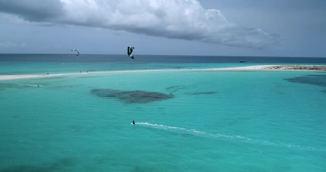 Aerial view of kitesurfers in Los Roques archipelago Venezuela.