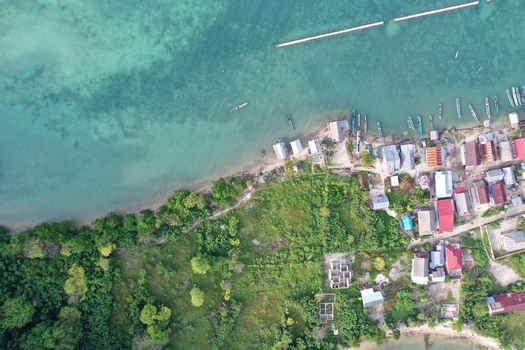 Aerial view of Pulau Maginti showing a coastal village with houses lush greenery and small boats moored along the turquoise shoreline in Maginti South East Sulawesi Indonesia.