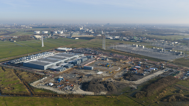Groningen Netherlands 20 January 2026 Aerial view of Datacenter Westpoort featuring the large industrial facility construction area and surrounding green fields.
