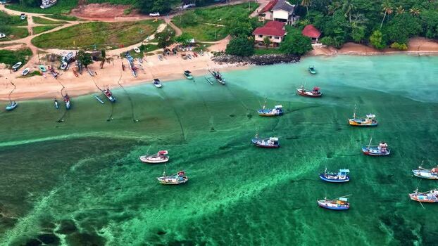 Aerial view of fishing boats in a coastal bay Sri Lanka.