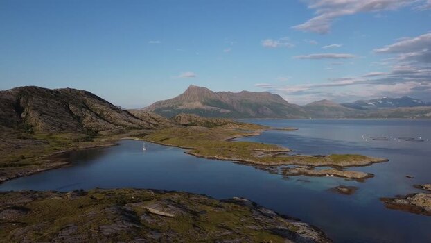 Aerial view of Senja mountains and fjord landscape Norway.