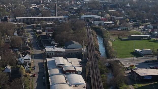 Aerial view of industrial buildings and a railway United States. Aerial view of industrial buildings and a railway United States.