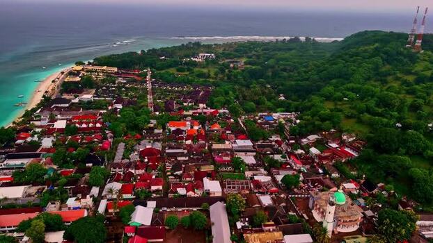 Aerial view of a coastal village in Bali Indonesia.