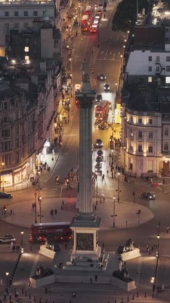 Aerial view of Nelson s Column at night in London United Kingdom.