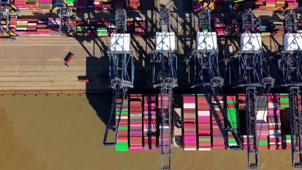 Aerial view of cranes and containers United Kingdom.